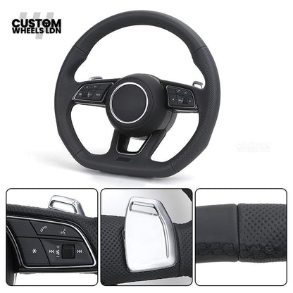Audi Custom B9 Flat Bottom Steering Wheel – Black Leather, Silver Paddles, S Badge | Fits A4, S4, A5, S5, Q5, SQ5, A6, A7 + more | Plug & Play | With Airbag | Upgrade for Older Models Available