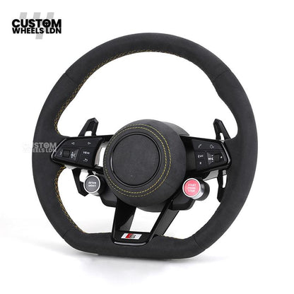 Audi Custom R8-Style Flat Bottom Steering Wheel – Alcantara Grip, Yellow Stitching, Black Paddles, Start Button | Fits A4, A5, S5, A6, A7, S6, S7, Q5, SQ5 + more | Plug & Play | With Airbag | Upgrade for Older Models Available