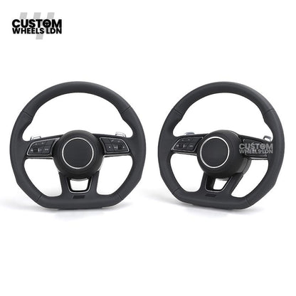 Audi Custom B9 Flat Bottom Steering Wheel – Black Leather, Silver Paddles, S Badge | Fits A4, S4, A5, S5, Q5, SQ5, A6, A7 + more | Plug & Play | With Airbag | Upgrade for Older Models Available