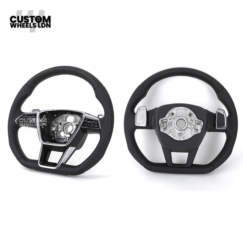 Audi Custom S-Line Flat Bottom Steering Wheel – Black Leather, White Stitching, Silver Paddles | Fits A1, A3, S3, A4, A5, S5, Q2, Q3, Q5, SQ5 + more | Plug & Play | With Airbag