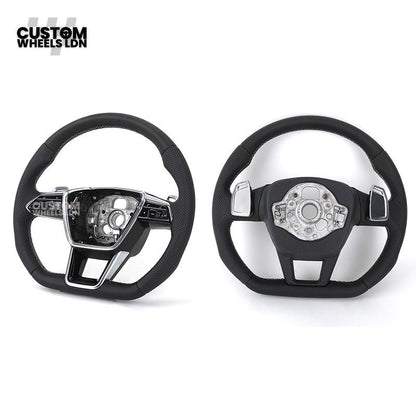 Audi Custom S-Line Flat Bottom Steering Wheel – Black Leather, White Stitching, Silver Paddles | Fits A1, A3, S3, A4, A5, S5, Q2, Q3, Q5, SQ5 + more | Plug & Play | With Airbag