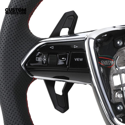 Audi Custom S-Line Flat Bottom Steering Wheel – Black Leather, Red Stitching, Urus Paddles | Fits A1, A3, S3, A4, A5, S5, Q2, Q3, Q5, SQ5 + more | Plug & Play | With Airbag