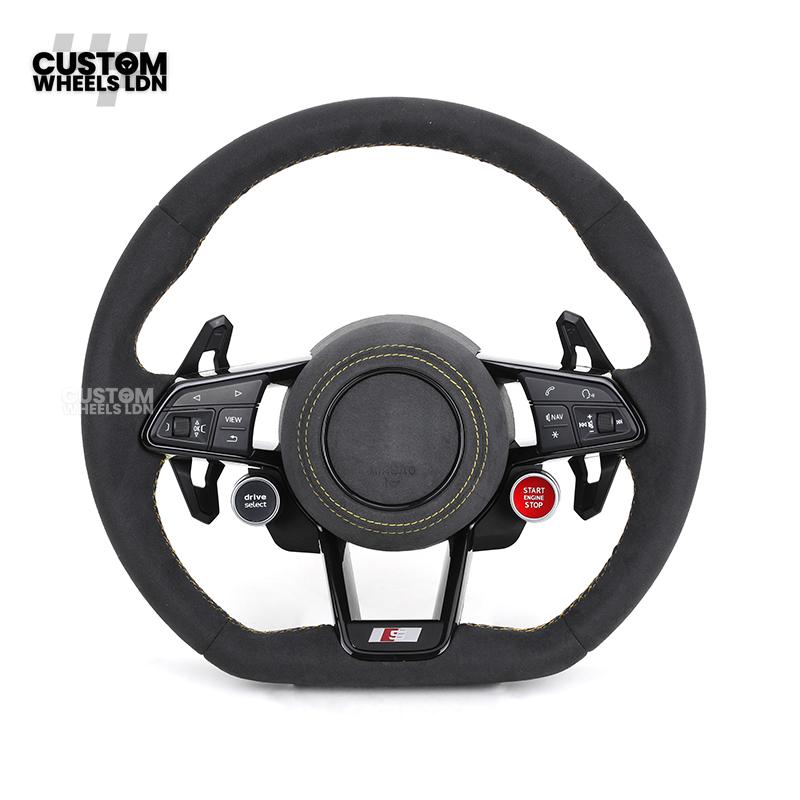 Audi Custom R8-Style Flat Bottom Steering Wheel – Alcantara Grip, Yellow Stitching, Black Paddles, Start Button | Fits A4, A5, S5, A6, A7, S6, S7, Q5, SQ5 + more | Plug & Play | With Airbag | Upgrade for Older Models Available