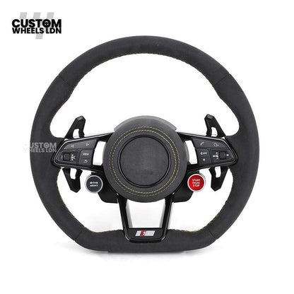 Audi Custom R8-Style Flat Bottom Steering Wheel – Alcantara Grip, Yellow Stitching, Black Paddles, Start Button | Fits A4, A5, S5, A6, A7, S6, S7, Q5, SQ5 + more | Plug & Play | With Airbag | Upgrade for Older Models Available