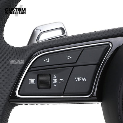 Audi Custom B9 Flat Bottom Steering Wheel – Black Leather, Silver Paddles, S Badge | Fits A4, S4, A5, S5, Q5, SQ5, A6, A7 + more | Plug & Play | With Airbag | Upgrade for Older Models Available
