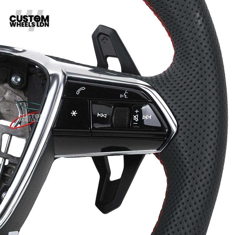 Audi Custom S-Line Flat Bottom Steering Wheel – Black Leather, Red Stitching, Urus Paddles | Fits A1, A3, S3, A4, A5, S5, Q2, Q3, Q5, SQ5 + more | Plug & Play | With Airbag