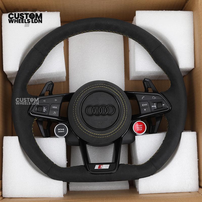 Audi Custom R8-Style Flat Bottom Steering Wheel – Alcantara Grip, Yellow Stitching, Black Paddles, Start Button | Fits A4, A5, S5, A6, A7, S6, S7, Q5, SQ5 + more | Plug & Play | With Airbag | Upgrade for Older Models Available