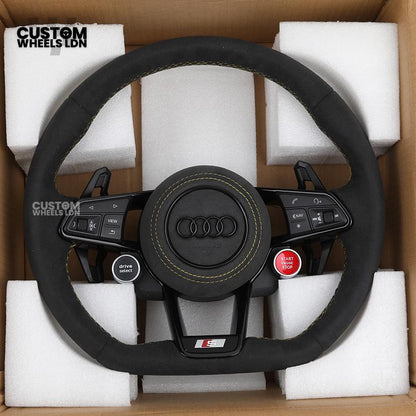 Audi Custom R8-Style Flat Bottom Steering Wheel – Alcantara Grip, Yellow Stitching, Black Paddles, Start Button | Fits A4, A5, S5, A6, A7, S6, S7, Q5, SQ5 + more | Plug & Play | With Airbag | Upgrade for Older Models Available