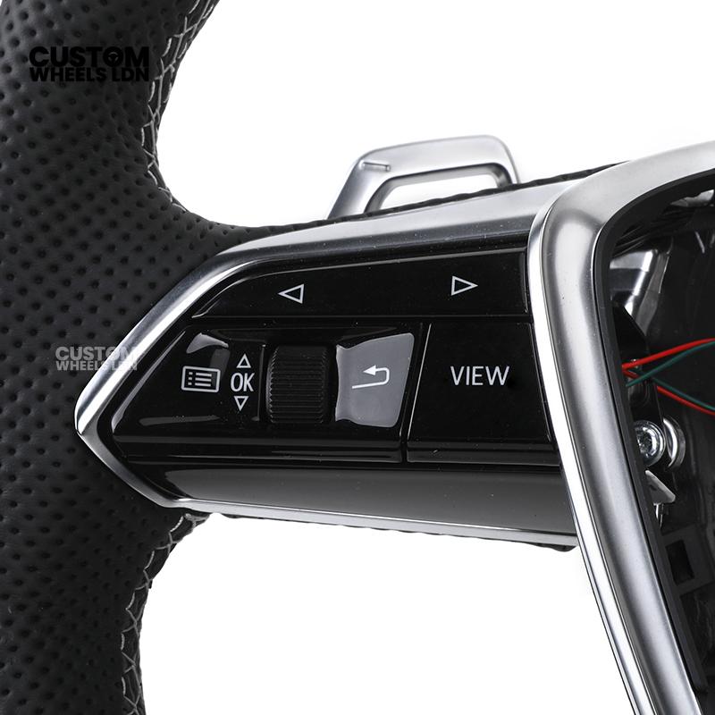 Audi Custom S-Line Flat Bottom Steering Wheel – Black Leather, White Stitching, Silver Paddles | Fits A1, A3, S3, A4, A5, S5, Q2, Q3, Q5, SQ5 + more | Plug & Play | With Airbag