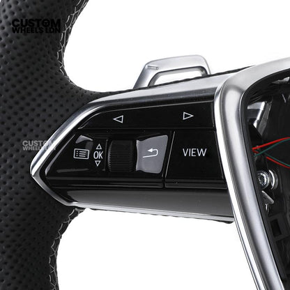 Audi Custom S-Line Flat Bottom Steering Wheel – Black Leather, White Stitching, Silver Paddles | Fits A1, A3, S3, A4, A5, S5, Q2, Q3, Q5, SQ5 + more | Plug & Play | With Airbag