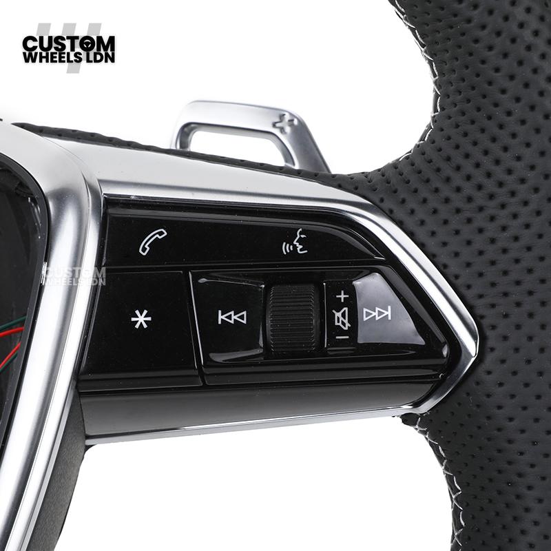 Audi Custom S-Line Flat Bottom Steering Wheel – Black Leather, White Stitching, Silver Paddles | Fits A1, A3, S3, A4, A5, S5, Q2, Q3, Q5, SQ5 + more | Plug & Play | With Airbag