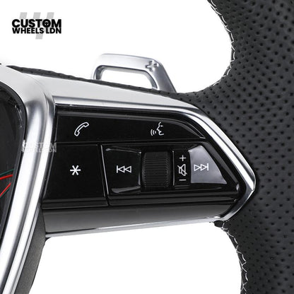 Audi Custom S-Line Flat Bottom Steering Wheel – Black Leather, White Stitching, Silver Paddles | Fits A1, A3, S3, A4, A5, S5, Q2, Q3, Q5, SQ5 + more | Plug & Play | With Airbag