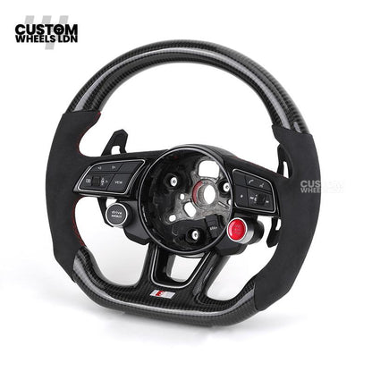 Audi Custom B9 Flat Bottom Steering Wheel – Alcantara Grip, Carbon Top & Bottom, Red Stitching, Black Paddles, Start Button | Fits A4, S4, A5, S5, Q5, SQ5, A6, A7, S6, S7 + more | Plug & Play | With Airbag | Upgrade for Older Models Available