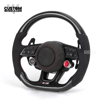Audi Custom B9 Flat Bottom Steering Wheel – Alcantara Grip, Carbon Top & Bottom, Red Stitching, Black Paddles, Start Button | Fits A4, S4, A5, S5, Q5, SQ5, A6, A7, S6, S7 + more | Plug & Play | With Airbag | Upgrade for Older Models Available