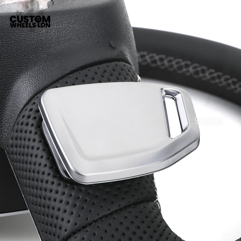 Audi Custom S-Line Flat Bottom Steering Wheel – Black Leather, White Stitching, Silver Paddles | Fits A1, A3, S3, A4, A5, S5, Q2, Q3, Q5, SQ5 + more | Plug & Play | With Airbag