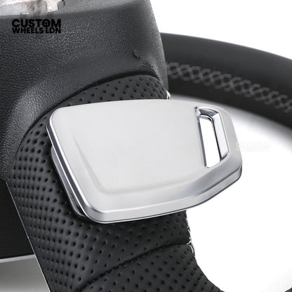 Audi Custom S-Line Flat Bottom Steering Wheel – Black Leather, White Stitching, Silver Paddles | Fits A1, A3, S3, A4, A5, S5, Q2, Q3, Q5, SQ5 + more | Plug & Play | With Airbag