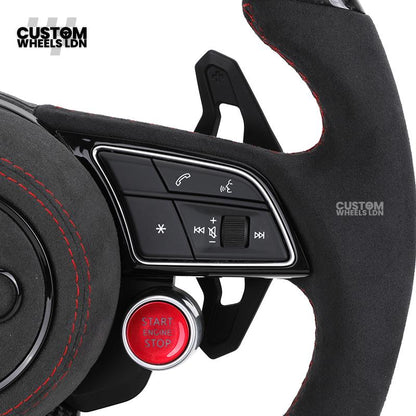 Audi Custom B9 Flat Bottom Steering Wheel – Alcantara Grip, Carbon Top & Bottom, Red Stitching, Black Paddles, Start Button | Fits A4, S4, A5, S5, Q5, SQ5, A6, A7, S6, S7 + more | Plug & Play | With Airbag | Upgrade for Older Models Available