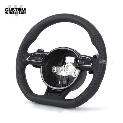 Audi Custom 8V Round Steering Wheel – Black Leather, Perforated Grips, Silver Paddles, Chrome Trim | Fits A3, S3, RS3 8V, A1, Q2, TT + more | Plug & Play | With Airbag | Upgrade for Older Models Available