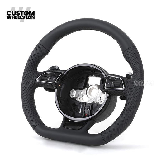 Audi Custom 8V Round Steering Wheel – Black Leather, Perforated Grips, Silver Paddles, Chrome Trim | Fits A3, S3, RS3 8V, A1, Q2, TT + more | Plug & Play | With Airbag | Upgrade for Older Models Available