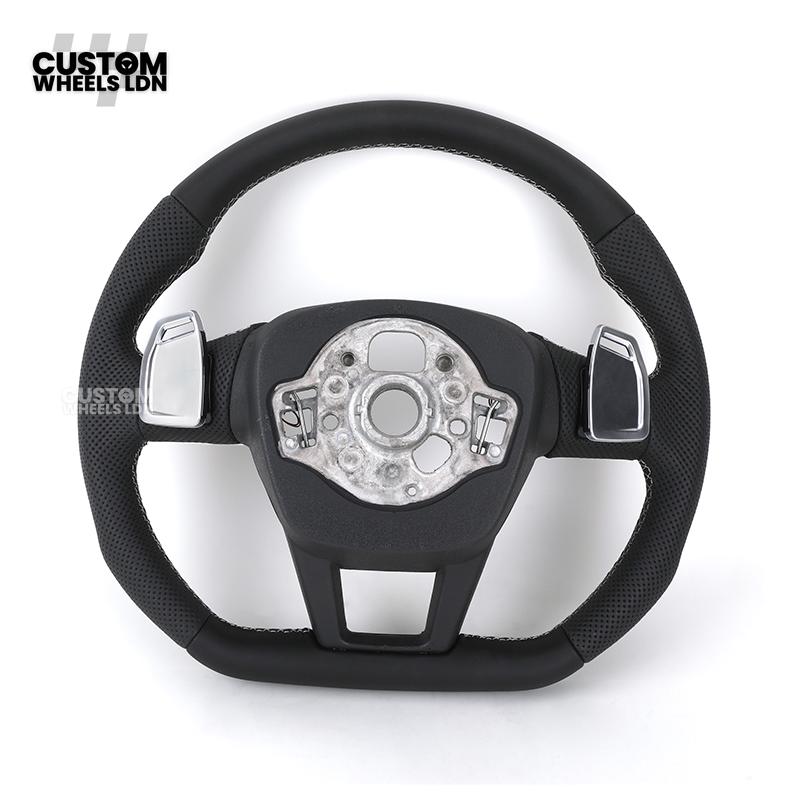 Audi Custom S-Line Flat Bottom Steering Wheel – Black Leather, White Stitching, Silver Paddles | Fits A1, A3, S3, A4, A5, S5, Q2, Q3, Q5, SQ5 + more | Plug & Play | With Airbag
