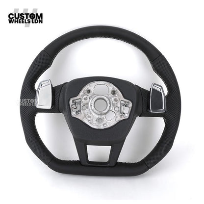 Audi Custom S-Line Flat Bottom Steering Wheel – Black Leather, White Stitching, Silver Paddles | Fits A1, A3, S3, A4, A5, S5, Q2, Q3, Q5, SQ5 + more | Plug & Play | With Airbag