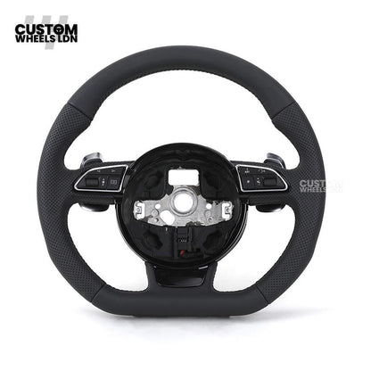 Audi Custom 8V Round Steering Wheel – Black Leather, Perforated Grips, Silver Paddles, Chrome Trim | Fits A3, S3, RS3 8V, A1, Q2, TT + more | Plug & Play | With Airbag | Upgrade for Older Models Available
