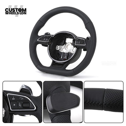 Audi Custom 8V Round Steering Wheel – Black Leather, Perforated Grips, Silver Paddles, Chrome Trim | Fits A3, S3, RS3 8V, A1, Q2, TT + more | Plug & Play | With Airbag | Upgrade for Older Models Available