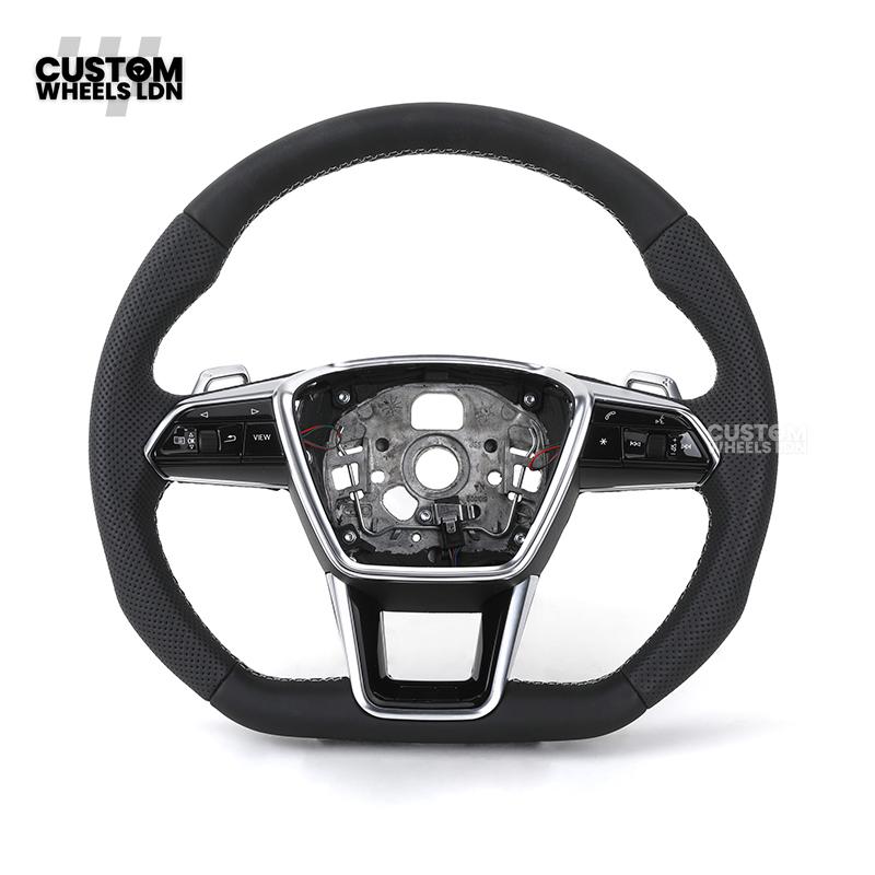 Audi Custom S-Line Flat Bottom Steering Wheel – Black Leather, White Stitching, Silver Paddles | Fits A1, A3, S3, A4, A5, S5, Q2, Q3, Q5, SQ5 + more | Plug & Play | With Airbag