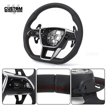 Audi Custom S-Line Flat Bottom Steering Wheel – Black Leather, Red Stitching, Urus Paddles | Fits A1, A3, S3, A4, A5, S5, Q2, Q3, Q5, SQ5 + more | Plug & Play | With Airbag
