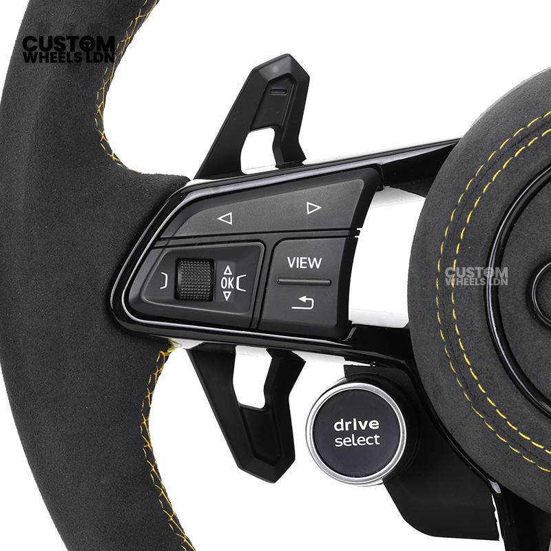 Audi Custom R8-Style Flat Bottom Steering Wheel – Alcantara Grip, Yellow Stitching, Black Paddles, Start Button | Fits A4, A5, S5, A6, A7, S6, S7, Q5, SQ5 + more | Plug & Play | With Airbag | Upgrade for Older Models Available