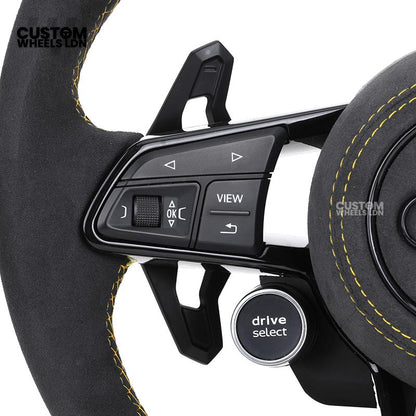 Audi Custom R8-Style Flat Bottom Steering Wheel – Alcantara Grip, Yellow Stitching, Black Paddles, Start Button | Fits A4, A5, S5, A6, A7, S6, S7, Q5, SQ5 + more | Plug & Play | With Airbag | Upgrade for Older Models Available
