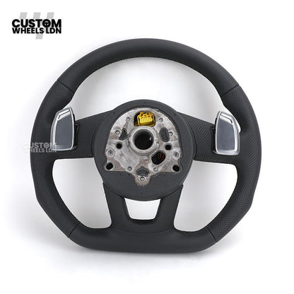 Audi Custom B9 Flat Bottom Steering Wheel – Black Leather, Silver Paddles, S Badge | Fits A4, S4, A5, S5, Q5, SQ5, A6, A7 + more | Plug & Play | With Airbag | Upgrade for Older Models Available