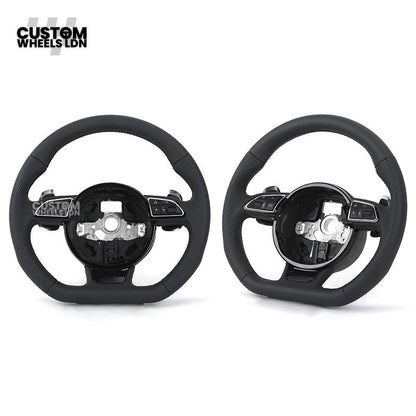 Audi Custom 8V Round Steering Wheel – Black Leather, Perforated Grips, Silver Paddles, Chrome Trim | Fits A3, S3, RS3 8V, A1, Q2, TT + more | Plug & Play | With Airbag | Upgrade for Older Models Available