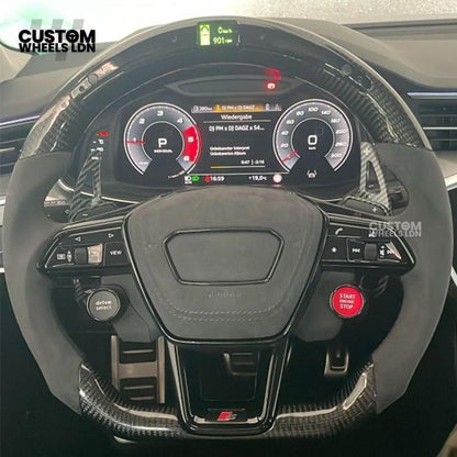 Audi Custom Q/RS Series Flat Bottom Steering Wheel – LED Rev Display, Alcantara Grip, Carbon Top & Bottom, Carbon Paddles, Start Button | Fits Q3, Q5, SQ5, Q7, Q8, SQ8, RSQ8, A6, A7, A8 (D5) | Plug & Play | With Airbag