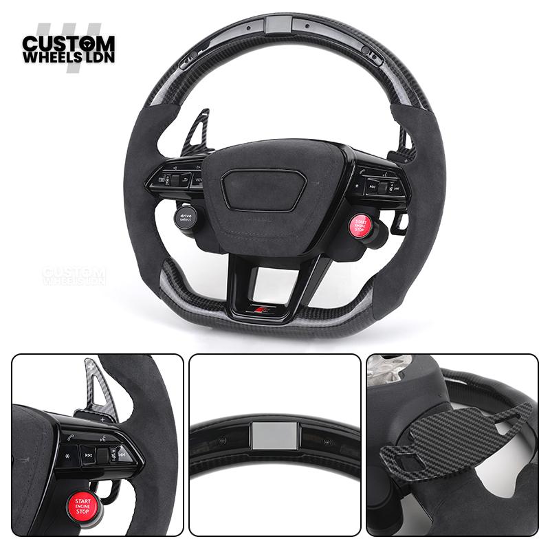 Audi Custom Q/RS Series Flat Bottom Steering Wheel – LED Rev Display, Alcantara Grip, Carbon Top & Bottom, Carbon Paddles, Start Button | Fits Q3, Q5, SQ5, Q7, Q8, SQ8, RSQ8, A6, A7, A8 (D5) | Plug & Play | With Airbag