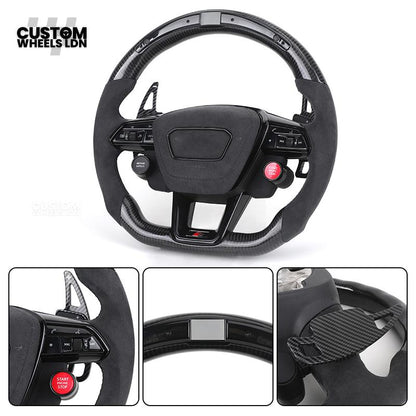 Audi Custom Q/RS Series Flat Bottom Steering Wheel – LED Rev Display, Alcantara Grip, Carbon Top & Bottom, Carbon Paddles, Start Button | Fits Q3, Q5, SQ5, Q7, Q8, SQ8, RSQ8, A6, A7, A8 (D5) | Plug & Play | With Airbag