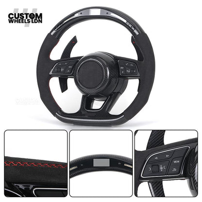 Audi Custom B9 Flat Bottom Steering Wheel – LED Rev Display, Alcantara Grip, Carbon Top & Bottom, Carbon Paddles | Fits A3, S3, RS3, A4, S4, A5, S5, Q5, SQ5, A6, A7 + more | Plug & Play | With Airbag | Upgrade for Older Models Available