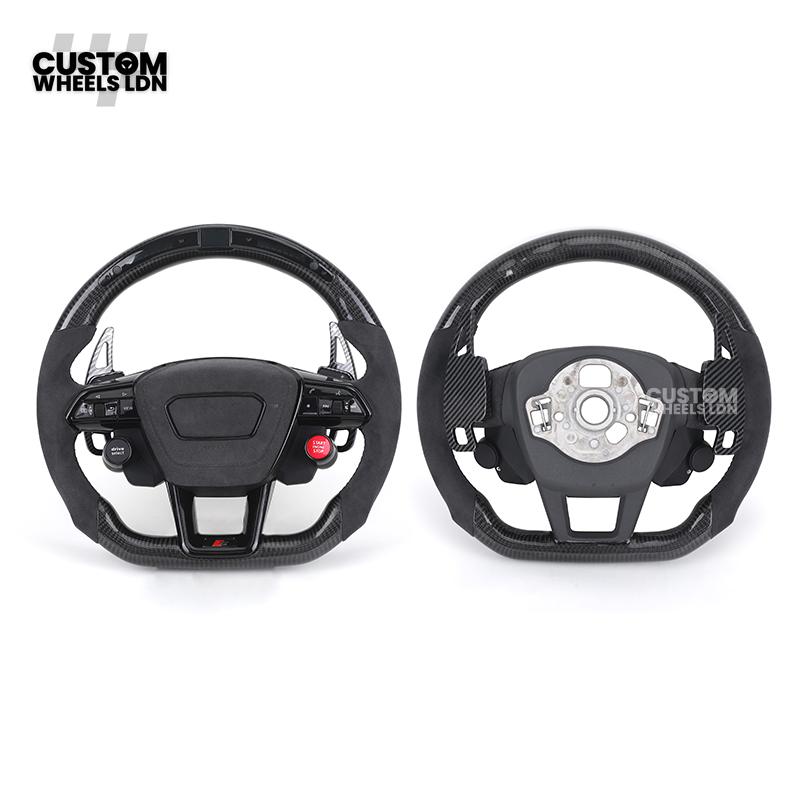 Audi Custom Q/RS Series Flat Bottom Steering Wheel – LED Rev Display, Alcantara Grip, Carbon Top & Bottom, Carbon Paddles, Start Button | Fits Q3, Q5, SQ5, Q7, Q8, SQ8, RSQ8, A6, A7, A8 (D5) | Plug & Play | With Airbag