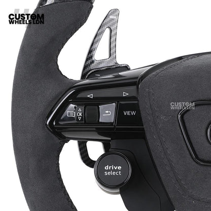 Audi Custom Q/RS Series Flat Bottom Steering Wheel – LED Rev Display, Alcantara Grip, Carbon Top & Bottom, Carbon Paddles, Start Button | Fits Q3, Q5, SQ5, Q7, Q8, SQ8, RSQ8, A6, A7, A8 (D5) | Plug & Play | With Airbag