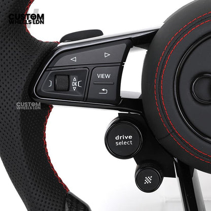 Audi Custom R8-Style Flat Bottom Steering Wheel – Carbon Top & Bottom, Red Stitching, Standard Paddles, Start Button | Fits A4, A5, S5, A6, A7, S6, S7, Q5, SQ5 + more | Plug & Play | With Airbag | Upgrade for Older Models Available