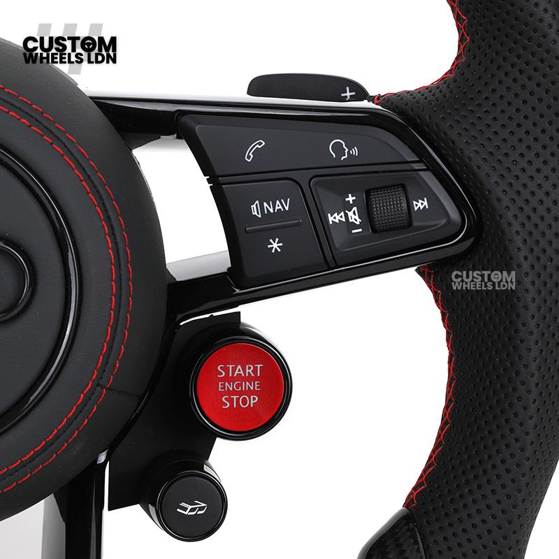 Audi Custom R8-Style Flat Bottom Steering Wheel – Carbon Top & Bottom, Red Stitching, Standard Paddles, Start Button | Fits A4, A5, S5, A6, A7, S6, S7, Q5, SQ5 + more | Plug & Play | With Airbag | Upgrade for Older Models Available