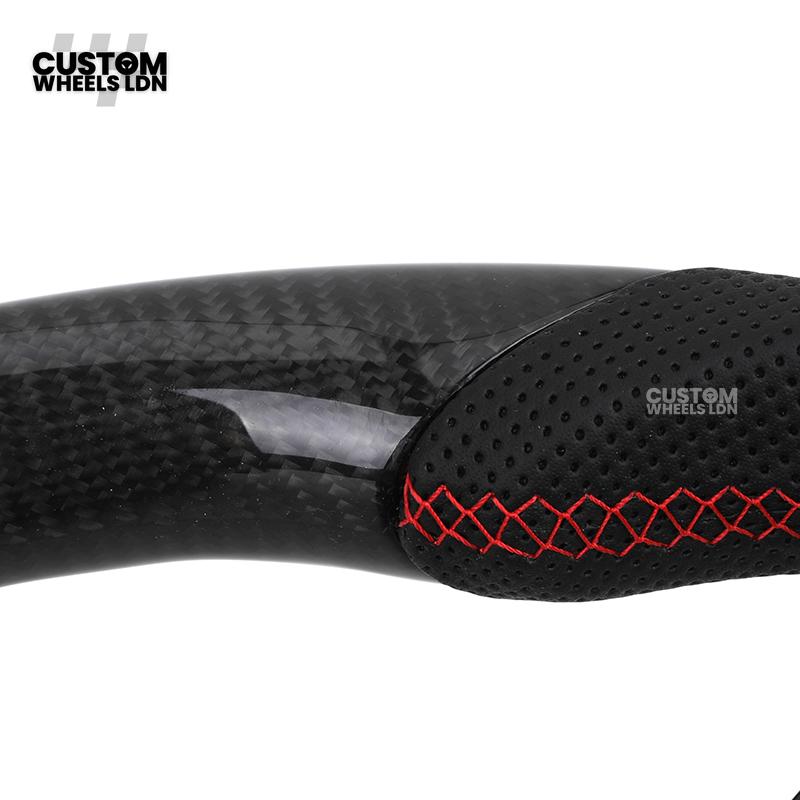 Audi Custom R8-Style Flat Bottom Steering Wheel – Carbon Top & Bottom, Red Stitching, Standard Paddles, Start Button | Fits A4, A5, S5, A6, A7, S6, S7, Q5, SQ5 + more | Plug & Play | With Airbag | Upgrade for Older Models Available