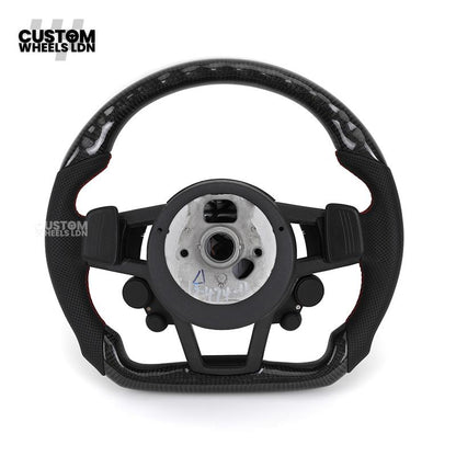 Audi Custom R8-Style Flat Bottom Steering Wheel – Carbon Top & Bottom, Red Stitching, Standard Paddles, Start Button | Fits A4, A5, S5, A6, A7, S6, S7, Q5, SQ5 + more | Plug & Play | With Airbag | Upgrade for Older Models Available