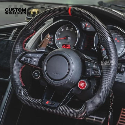 Audi Custom R8-Style Flat Bottom Steering Wheel – Carbon Top & Bottom, Red Stitching, Standard Paddles, Start Button | Fits A4, A5, S5, A6, A7, S6, S7, Q5, SQ5 + more | Plug & Play | With Airbag | Upgrade for Older Models Available
