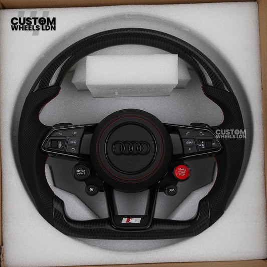 Audi Custom R8-Style Flat Bottom Steering Wheel – Carbon Top & Bottom, Red Stitching, Standard Paddles, Start Button | Fits A4, A5, S5, A6, A7, S6, S7, Q5, SQ5 + more | Plug & Play | With Airbag | Upgrade for Older Models Available