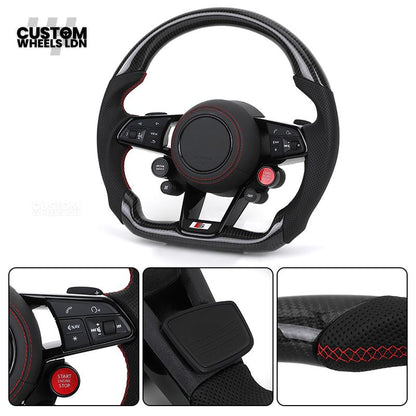 Audi Custom R8-Style Flat Bottom Steering Wheel – Carbon Top & Bottom, Red Stitching, Standard Paddles, Start Button | Fits A4, A5, S5, A6, A7, S6, S7, Q5, SQ5 + more | Plug & Play | With Airbag | Upgrade for Older Models Available