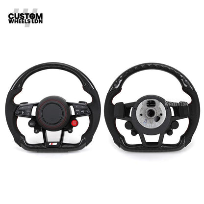 Audi Custom R8-Style Flat Bottom Steering Wheel – Carbon Top & Bottom, Red Stitching, Standard Paddles, Start Button | Fits A4, A5, S5, A6, A7, S6, S7, Q5, SQ5 + more | Plug & Play | With Airbag | Upgrade for Older Models Available