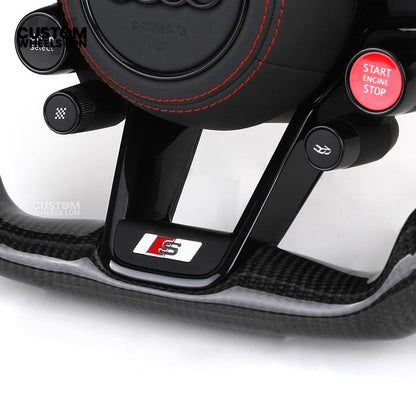 Audi Custom R8-Style Flat Bottom Steering Wheel – Carbon Top & Bottom, Red Stitching, Standard Paddles, Start Button | Fits A4, A5, S5, A6, A7, S6, S7, Q5, SQ5 + more | Plug & Play | With Airbag | Upgrade for Older Models Available