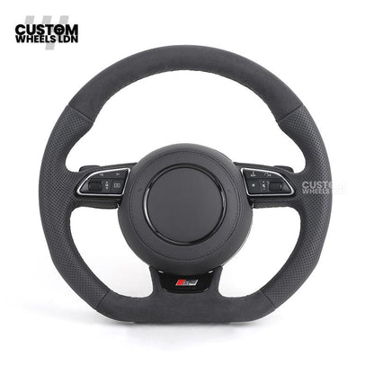 Audi 8V Custom S-Line Flat Bottom Steering Wheel – Black Leather, Black Stitching, Silver Paddles, S-Line Badge | Fits A1, A3, S3, A4, A5, Q2, Q3, Q5 + more | Plug & Play | With Airbag | Upgrade for Older Models Available