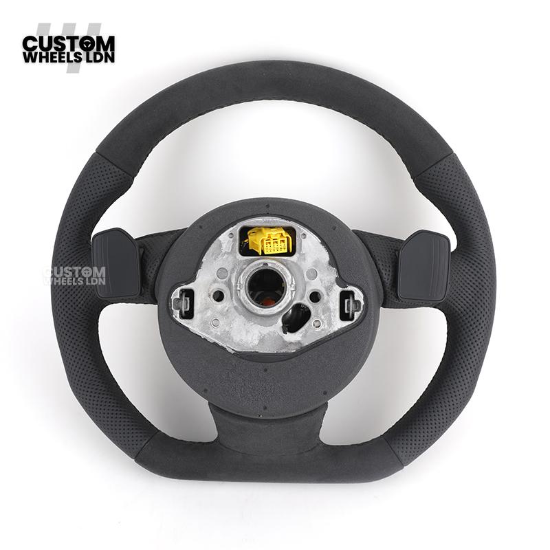Audi 8V Custom S-Line Flat Bottom Steering Wheel – Black Leather, Black Stitching, Silver Paddles, S-Line Badge | Fits A1, A3, S3, A4, A5, Q2, Q3, Q5 + more | Plug & Play | With Airbag | Upgrade for Older Models Available